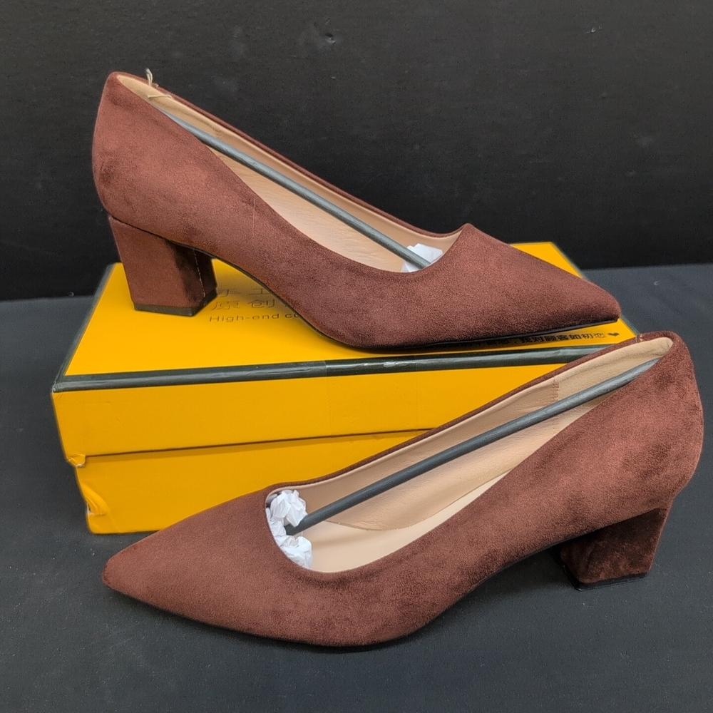 Women's Pointed Toe Slip On Block Heel Suede Pumps EUR 41 Deep Brown